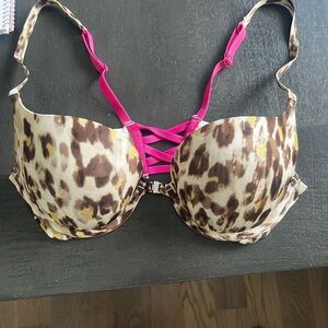 La Senza B34 Leopard Bra with‎ Pink Straps and Criss Cross Back Padded Push Up